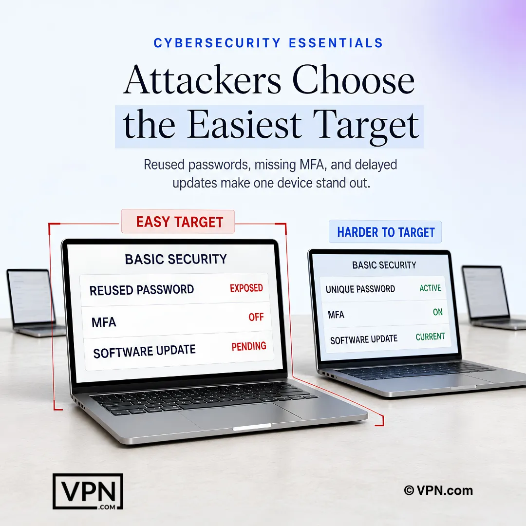 Laptop comparison showing weak security as an easy target and unique passwords, MFA, and updates as safer controls.
