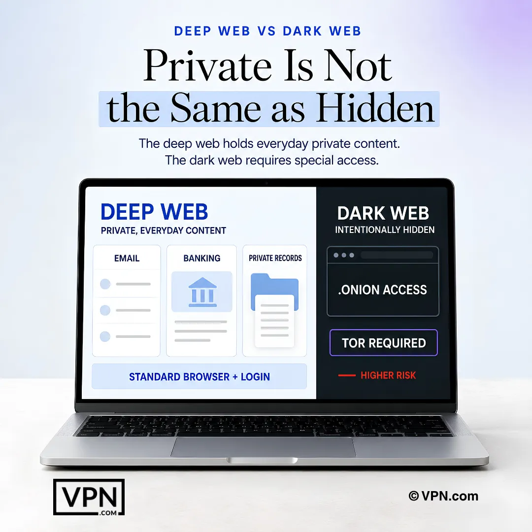 แล็ปท็อปเปรียบเทียบเนื้อหาส่วนตัวที่ต้องเข้าสู่ระบบของ Deep Web กับการเข้าถึงซ่อนเร้นผ่าน Tor เท่านั้นของ Dark Web