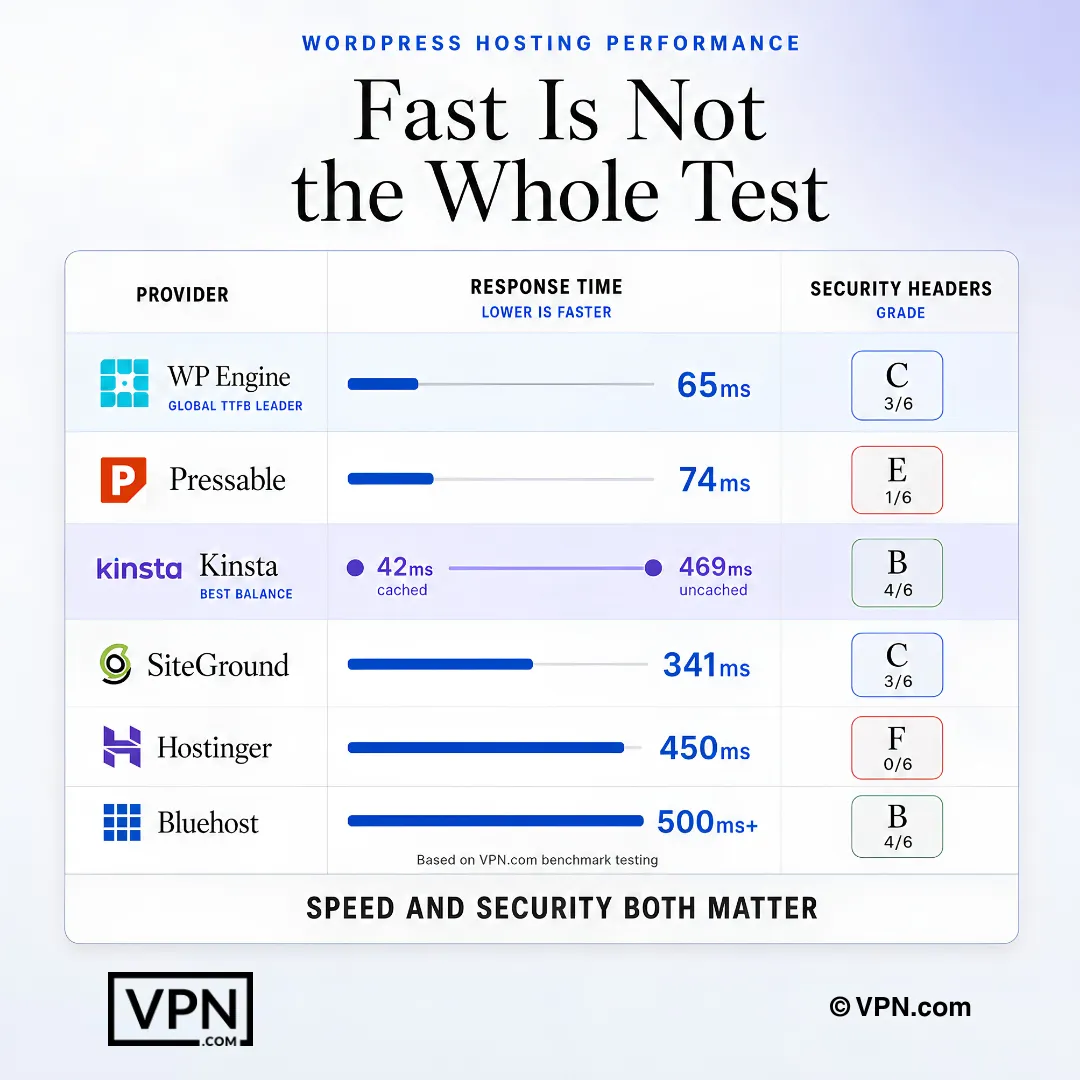 WordPress hosts เปรียบเทียบด้วยเวลาตอบสนองและเกรดส่วนหัวความปลอดภัย แสดงให้เห็นว่าความเร็วเพียงอย่างเดียวไม่เพียงพอ