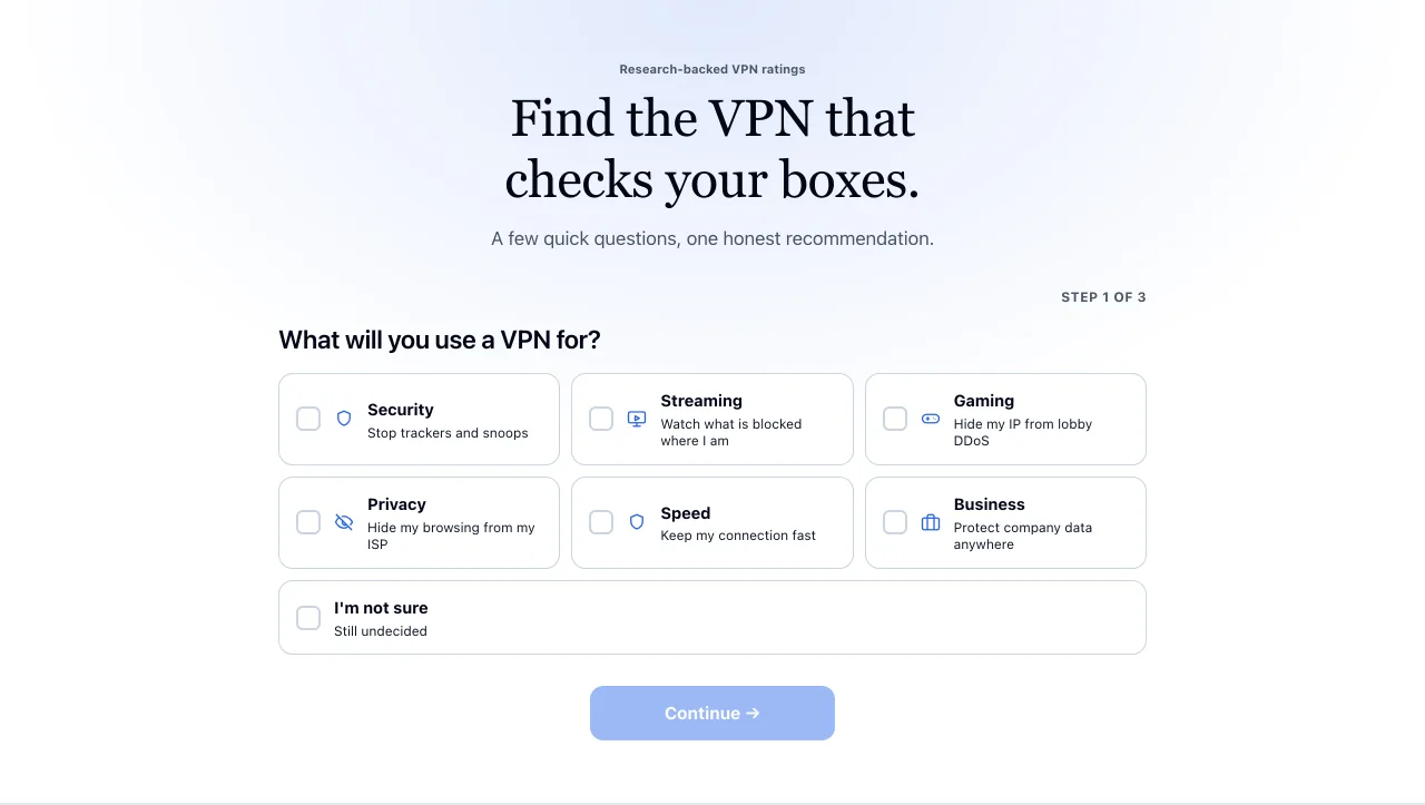 Screenshot of the VPN finder quiz question "What will you use a VPN for?" with 7 answer options as of October 2026: Security, Privacy, Streaming, Gaming, Speed, Business, I'm not sure.