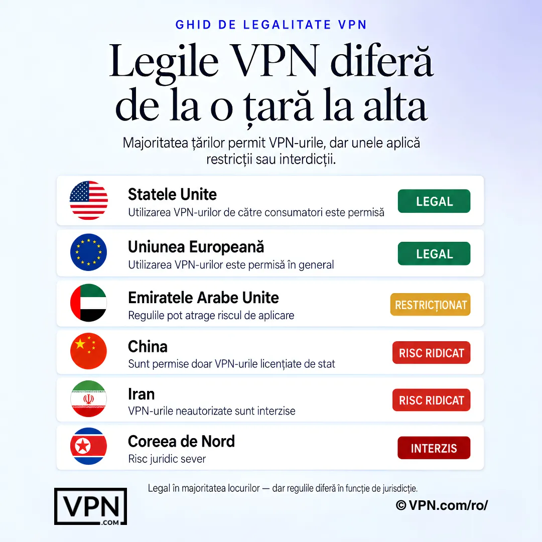Legalitatea VPN variază în funcție de țară, unele regiuni fiind legale, restricționate, cu risc ridicat sau interzise.