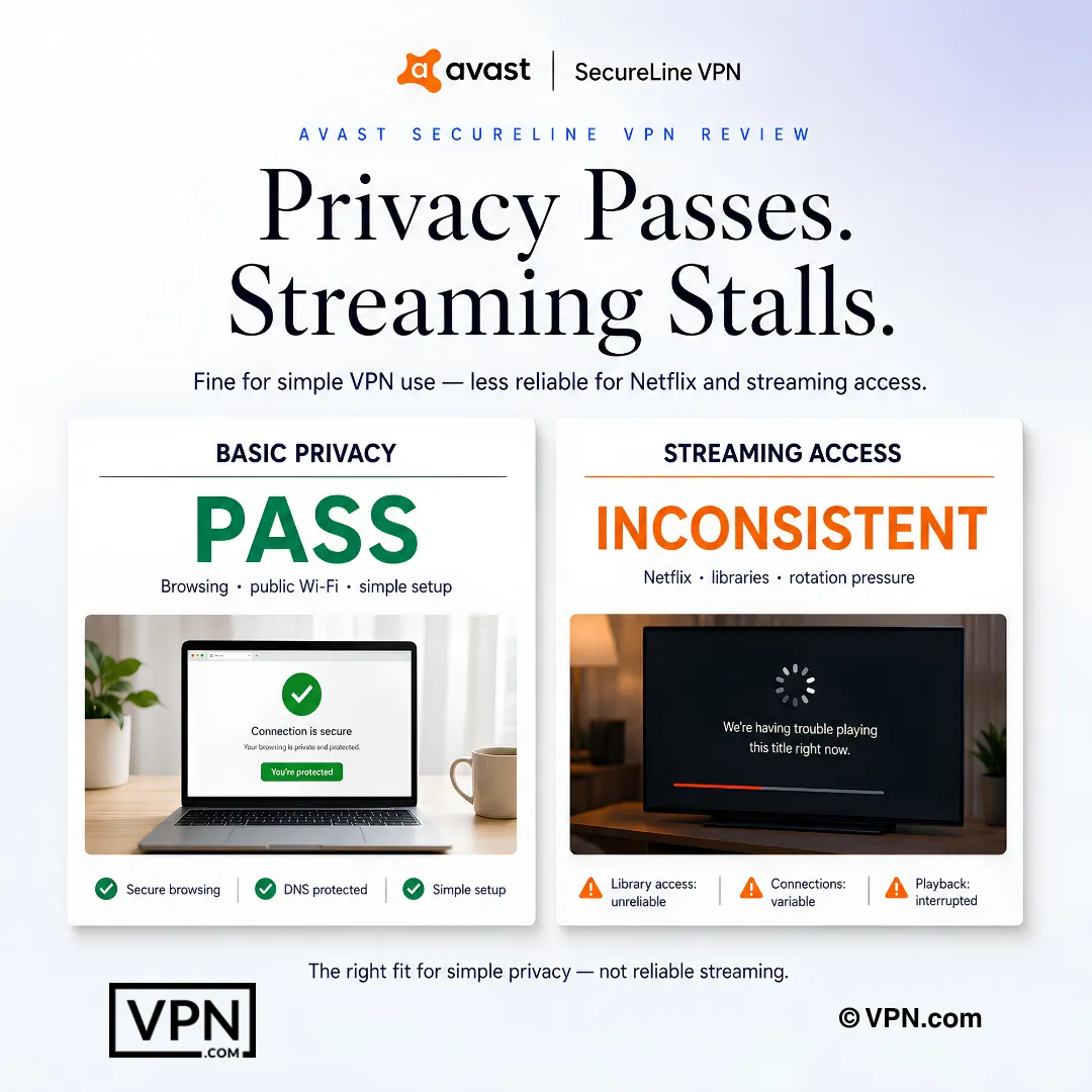 Avast SecureLine ผ่านการใช้งานด้านความเป็นส่วนตัวพื้นฐาน แต่แสดงการเข้าถึงสตรีมมิงที่ไม่สม่ำเสมอ