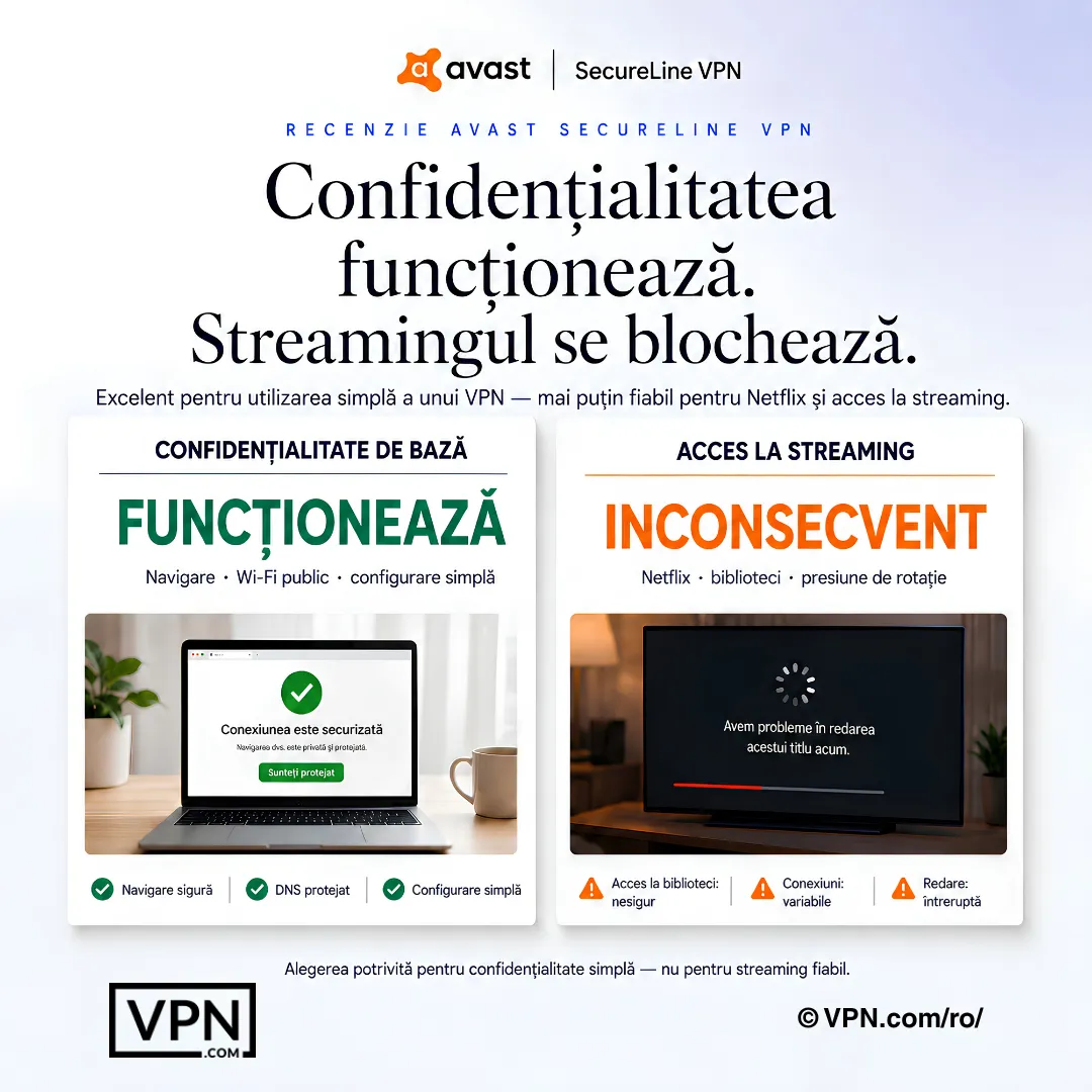 Avast SecureLine trece testele simple de confidențialitate, dar prezintă acces inconsistent la streaming.