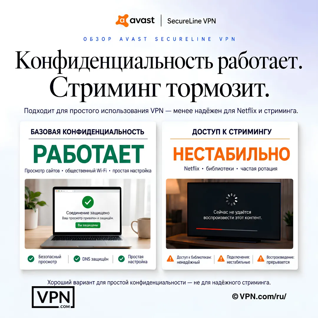 Avast SecureLine справляется с базовыми задачами конфиденциальности, но демонстрирует непоследовательный доступ к стриминговым сервисам.