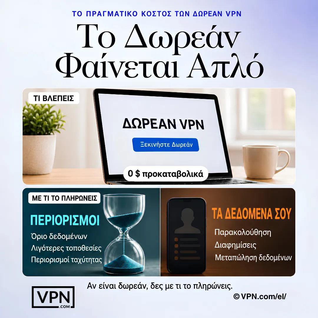 Τα δωρεάν VPN ενδέχεται να μην έχουν αρχικό κόστος, αλλά συχνά «πληρώνονται» μέσω περιορισμών ή δεδομένων χρήστη.