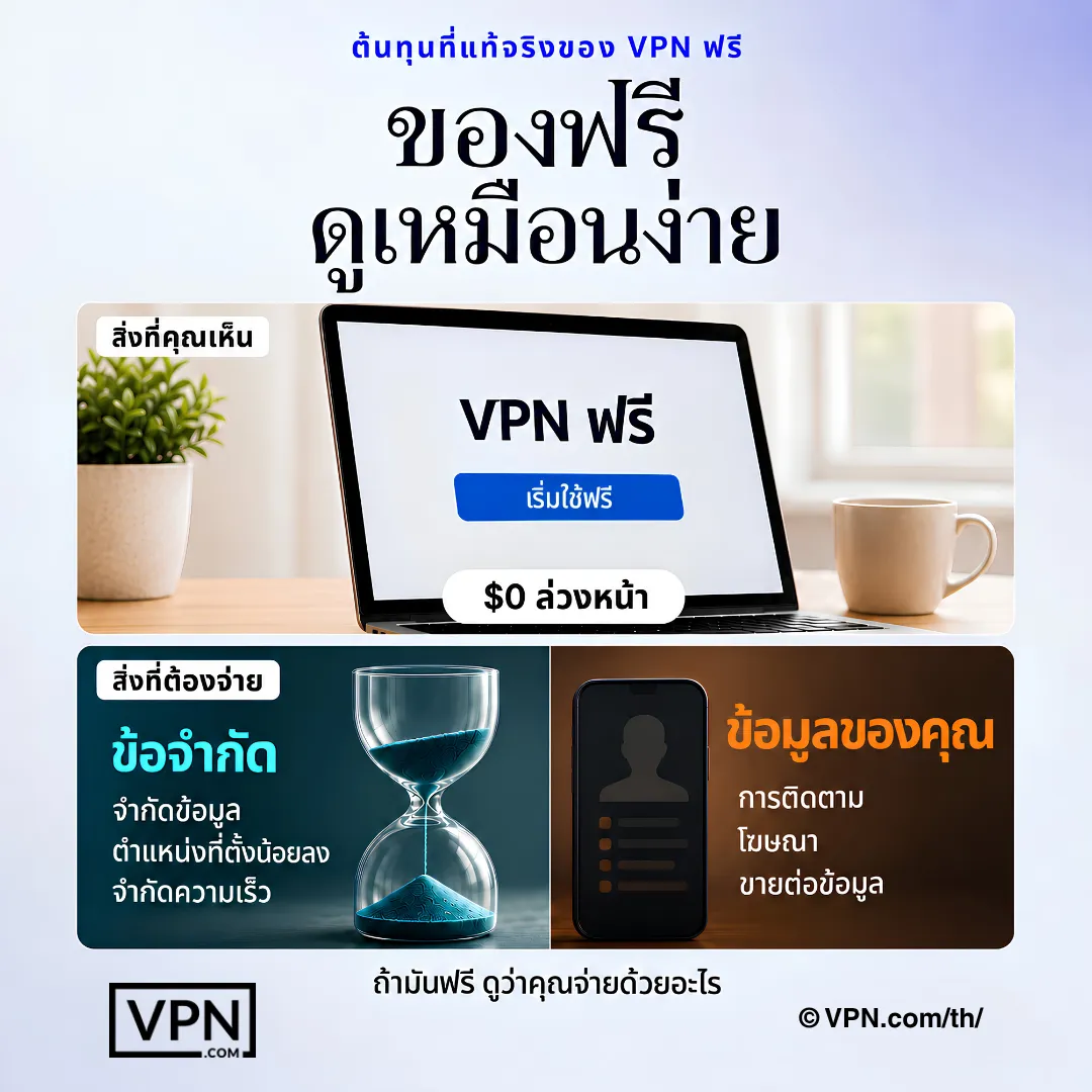 VPN ฟรีอาจไม่มีค่าใช้จ่ายล่วงหน้า แต่มักถูกชำระผ่านข้อจำกัดหรือข้อมูลผู้ใช้