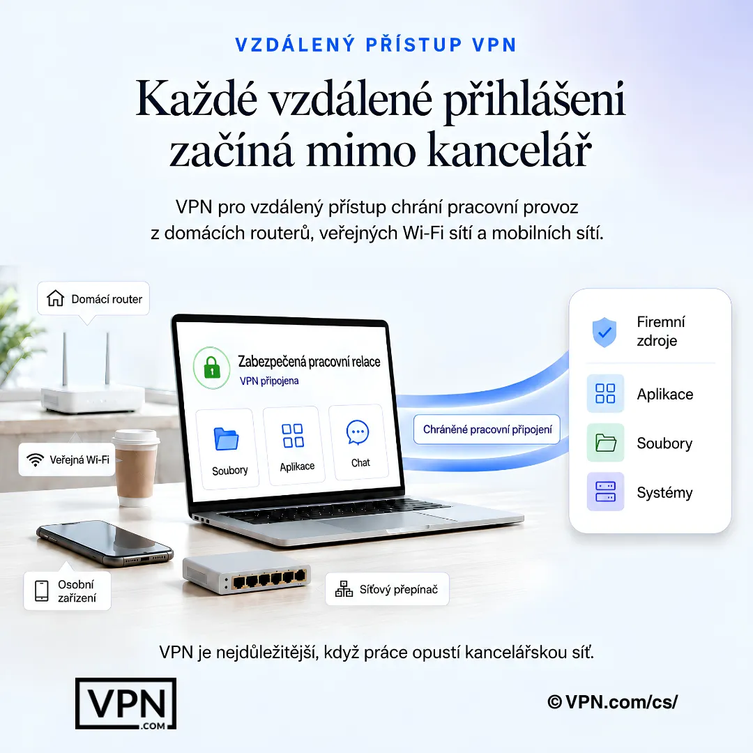 Vzdálený pracovník se připojuje přes VPN z domácí Wi-Fi a osobních zařízení k firemním aplikacím, souborům a systémům.