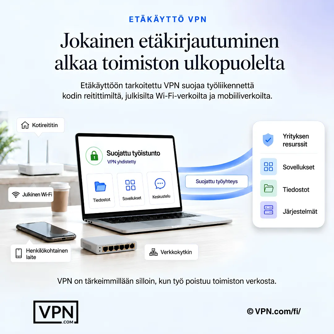Etätyöntekijä yhdistää kotona olevan Wi-Fin ja henkilökohtaisten laitteiden kautta VPN:n avulla yrityksen sovelluksiin, tiedostoihin ja järjestelmiin.