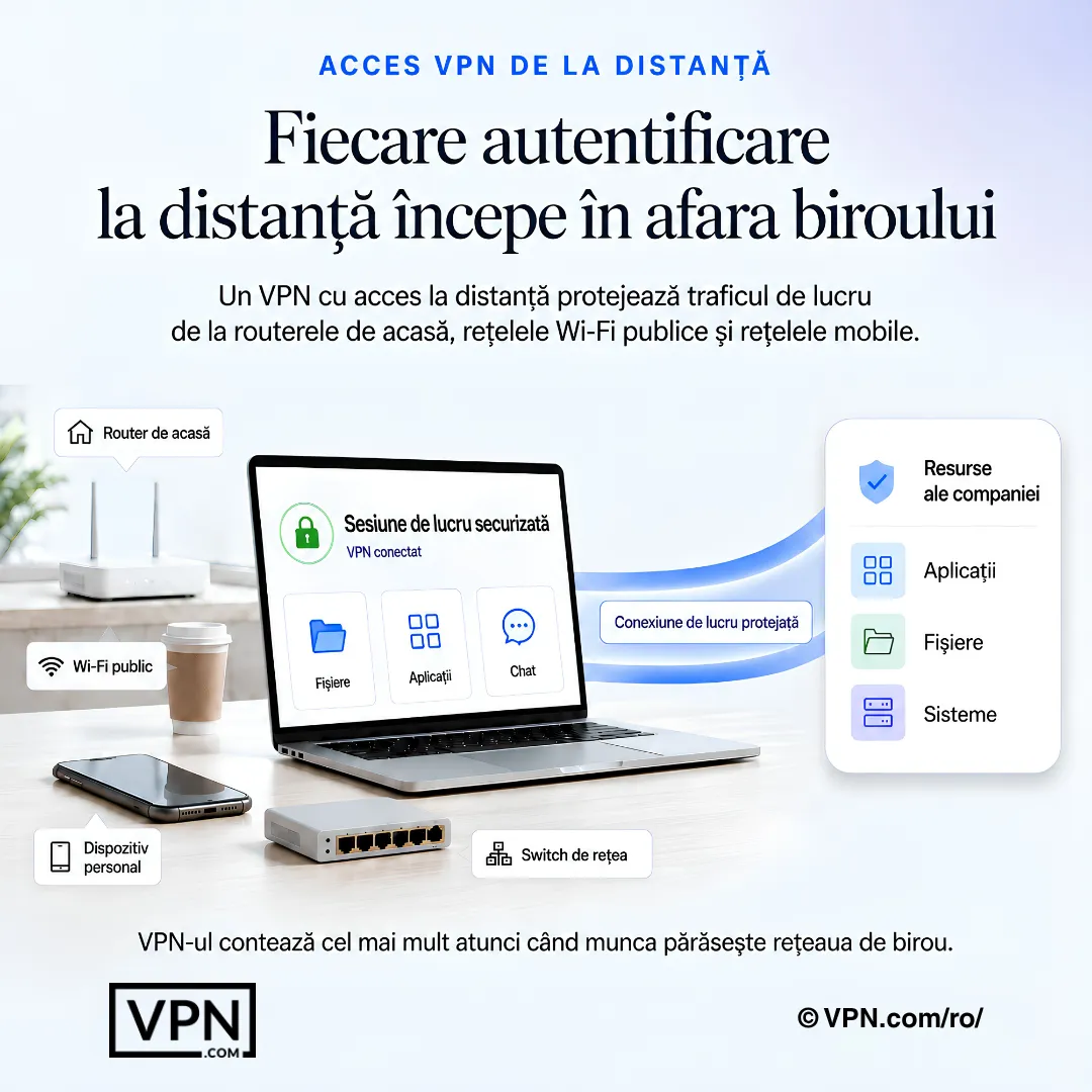 Un angajat remote se conectează printr-un VPN de acasă, prin Wi-Fi și dispozitive personale, la aplicațiile, fișierele și sistemele companiei.