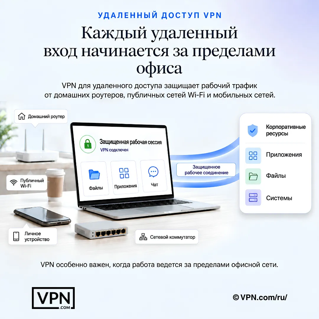 Удалённый сотрудник подключается через VPN из домашней сети Wi-Fi и личных устройств к корпоративным приложениям, файлам и системам.