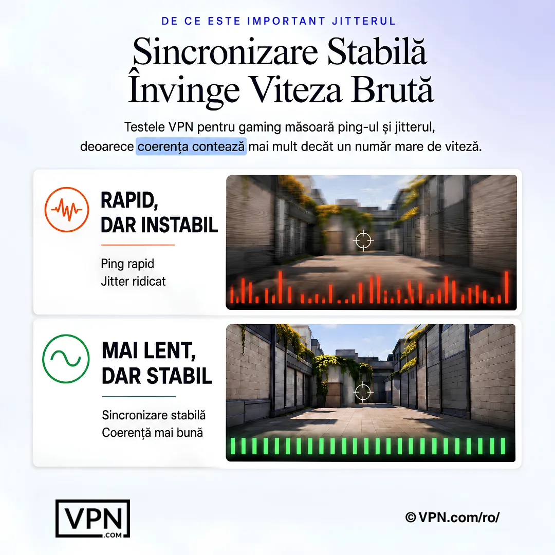 Comparație gaming arătând că o temporizare stabilă a pachetelor depășește un traseu VPN mai rapid, dar instabil.