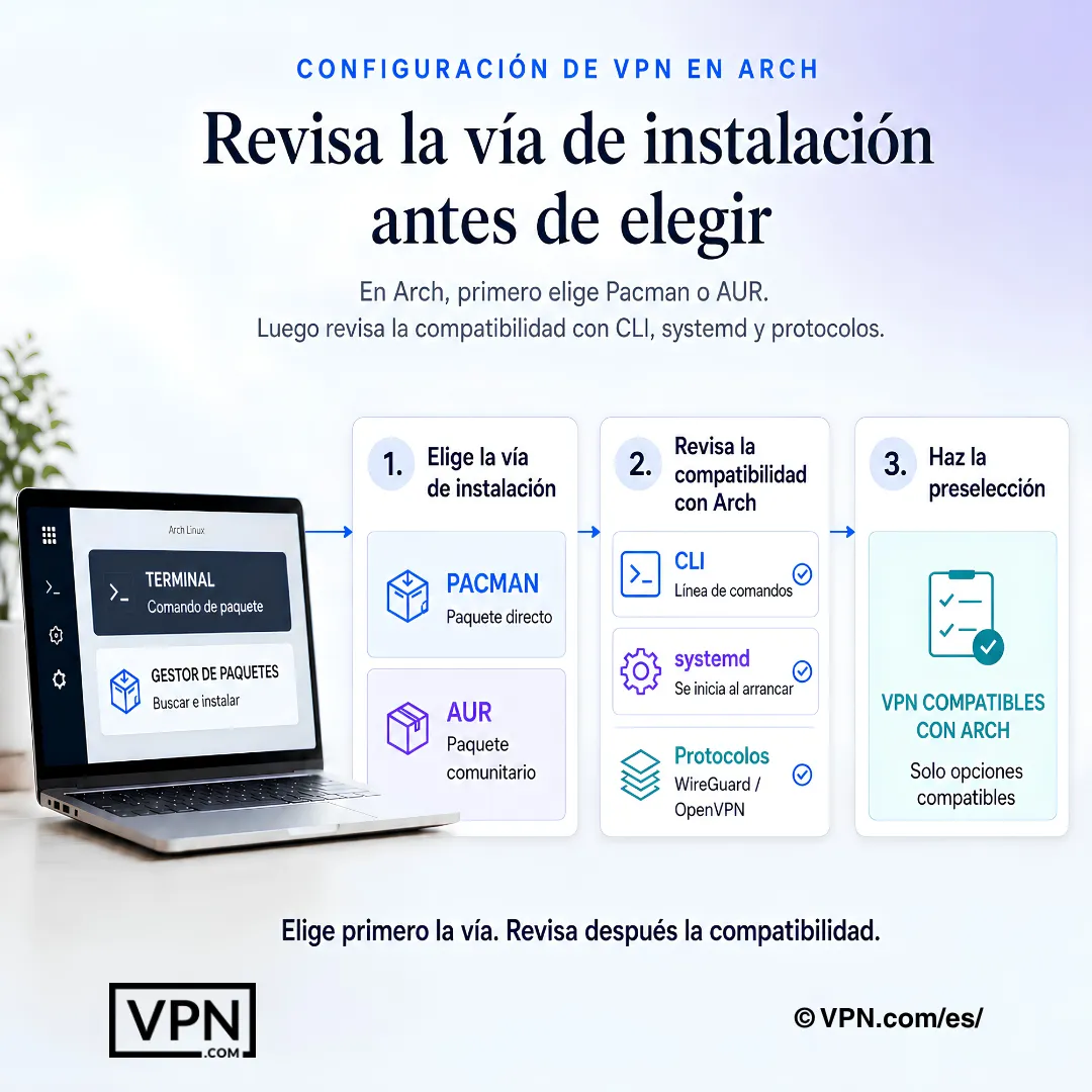 Flujo de trabajo de VPN en Arch Linux con selección entre Pacman o AUR, seguido de comprobaciones de CLI, systemd y protocolo.