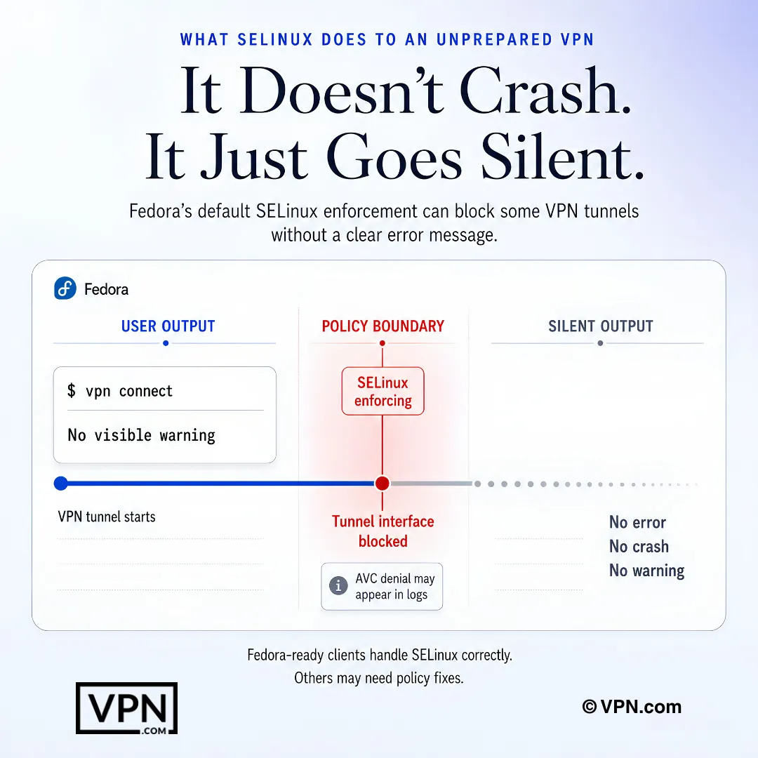 Diagram som visar hur Fedora SELinux tyst blockerar en VPN-tunnel utan tydliga felmeddelanden till användaren.