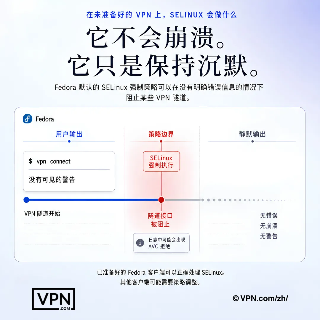 图示Fedora SELinux静默阻断VPN隧道且无明确用户提示错误。