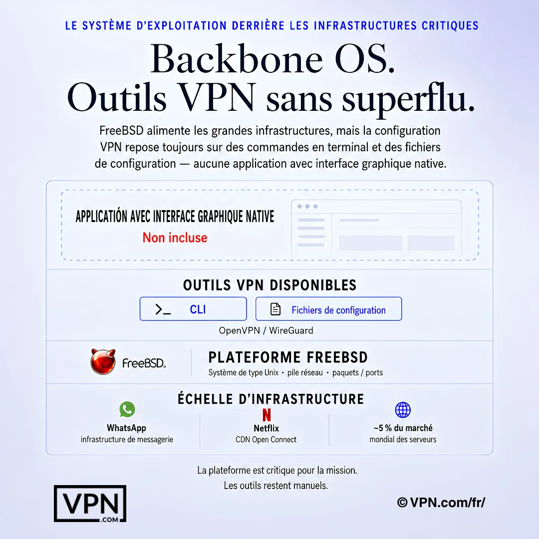 Diagramme des outils VPN FreeBSD montrant l'absence d'application GUI native et une configuration via CLI, fichiers de configuration, OpenVPN ou WireGuard.