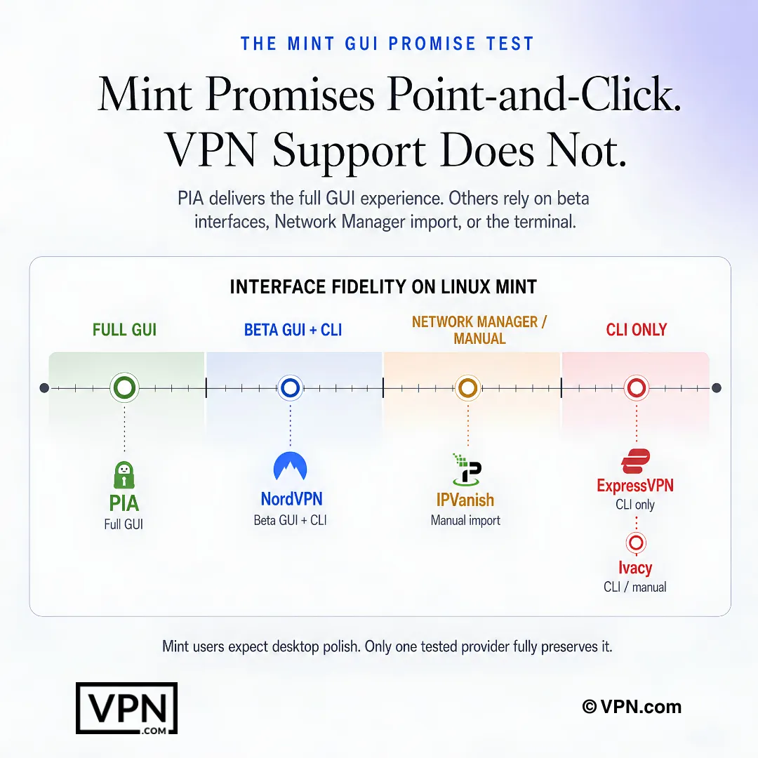 การเปรียบเทียบอินเทอร์เฟซ VPN บน Linux Mint แสดง GUI แบบสมบูรณ์ GUI เบต้า การนำเข้า NetworkManager และตัวเลือกแบบ CLI เท่านั้น