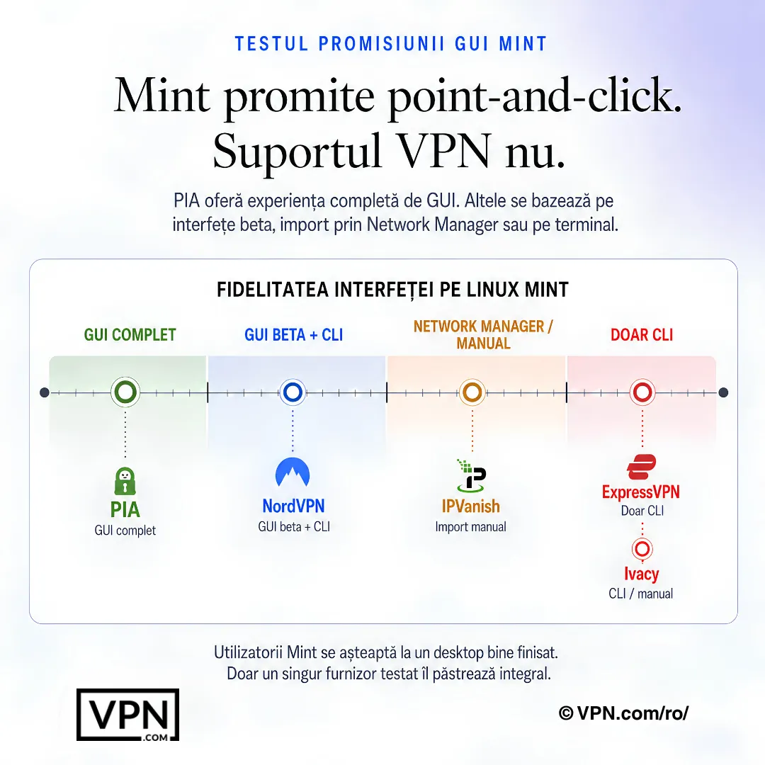 Comparația interfeței VPN pe Linux Mint care arată opțiunile GUI complet, GUI beta, import NetworkManager și doar CLI.