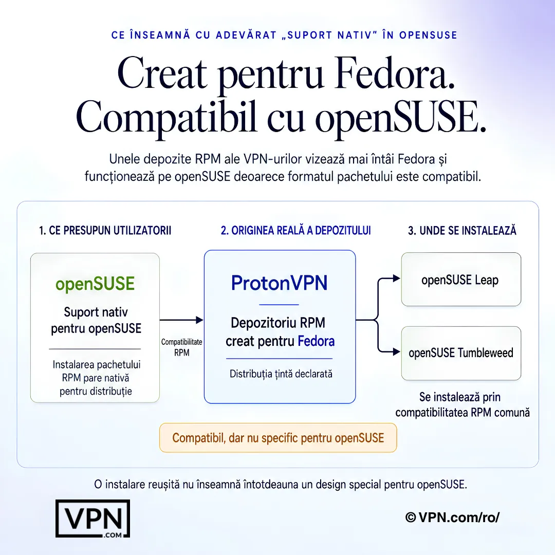 Diagrama VPN pentru openSUSE care arată compatibilitatea depozitului RPM construit pentru Fedora cu Leap și Tumbleweed.