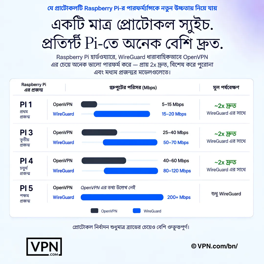 Raspberry Pi VPN চার্ট যেখানে Pi 1, Pi 3, Pi 4 এবং Pi 5-এ WireGuard ও OpenVPN থ্রুপুটের তুলনা দেখানো হয়েছে।