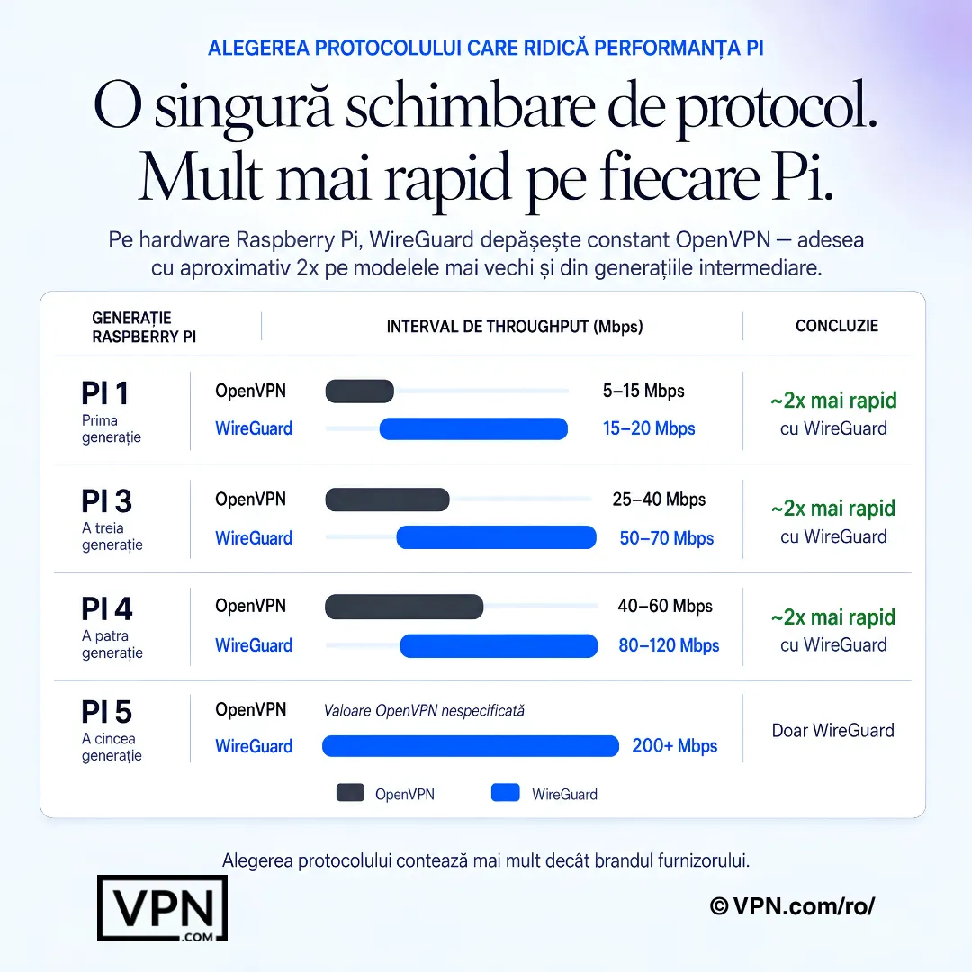 Graficul VPN pentru Raspberry Pi comparând debitul WireGuard și OpenVPN pe Pi 1, Pi 3, Pi 4 și Pi 5.