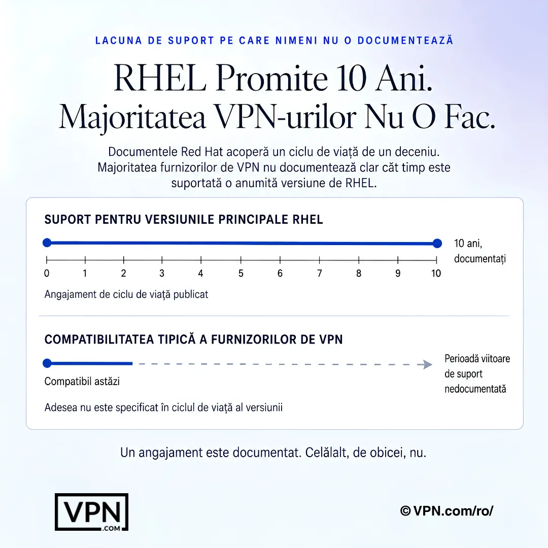Diagrama de suport RHEL comparând ciclul de viață documentat de 10 ani Red Hat cu ferestrele de compatibilitate neclare ale furnizorilor VPN.