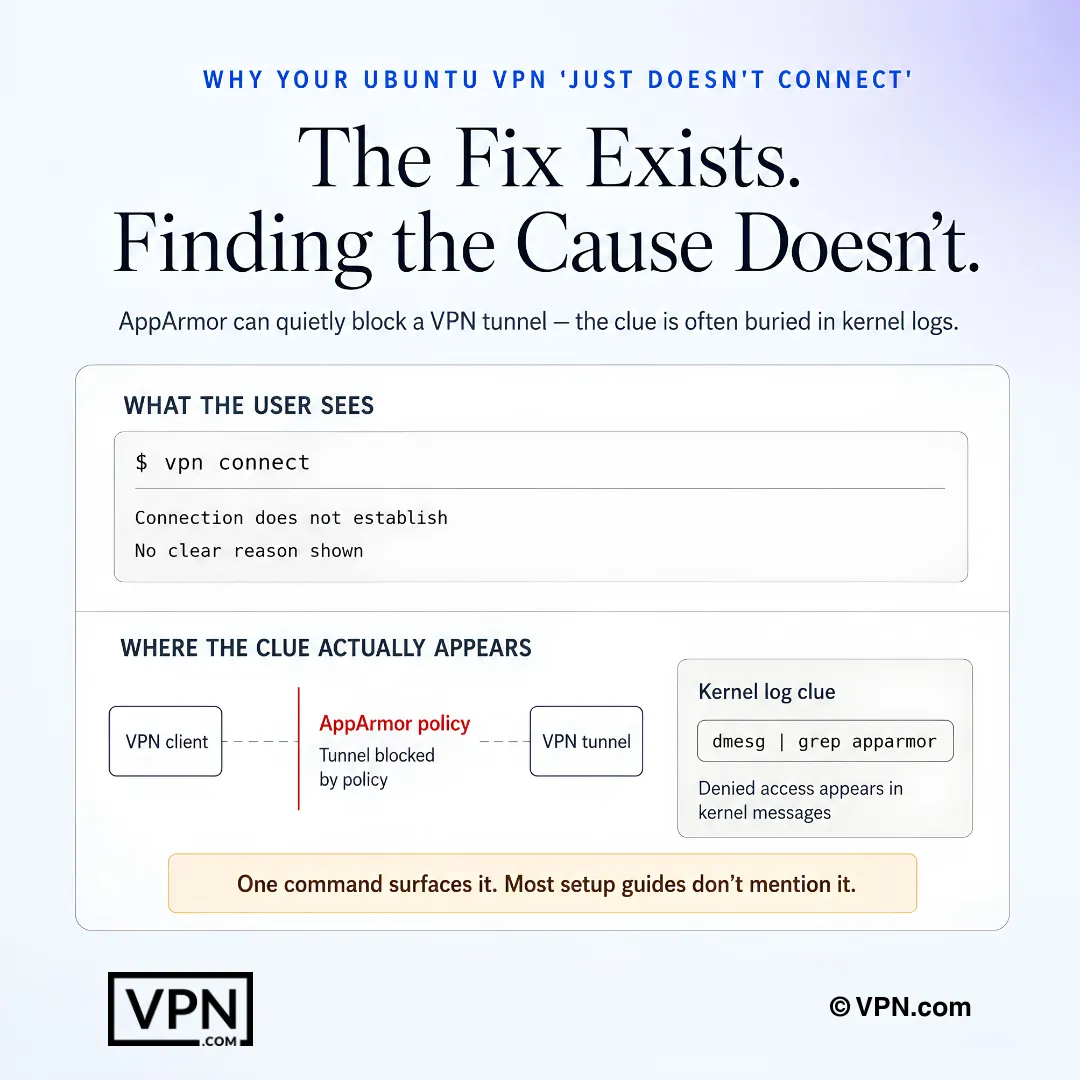 Ubuntu VPN-felsökningsdiagram som visar hur AppArmor blockerar en VPN-tunnel med ledtrådar i kernelloggar.