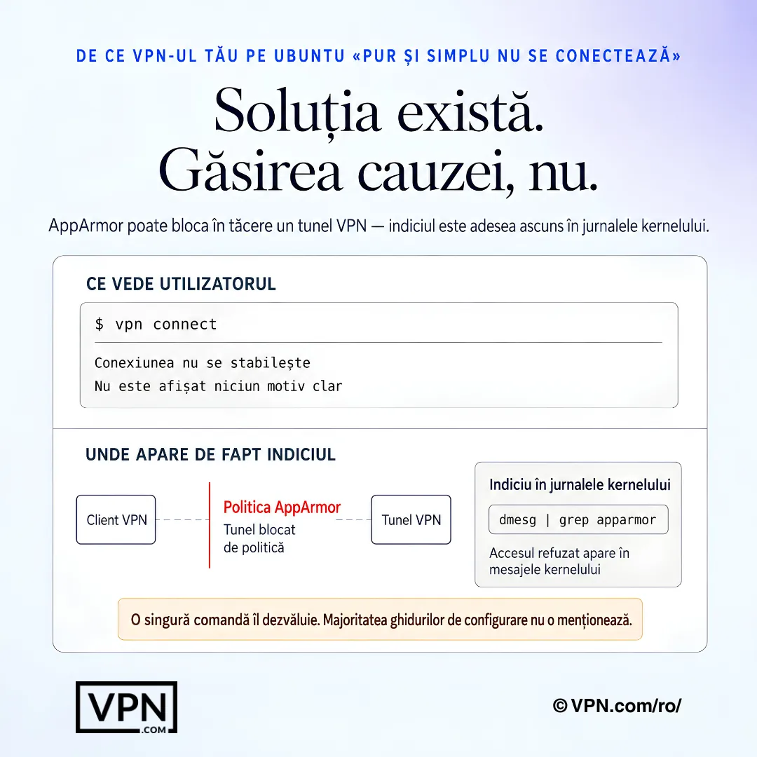 Diagrama de depanare VPN pe Ubuntu care arată cum AppArmor blochează un tunel VPN, cu indicii în jurnalele kernel.