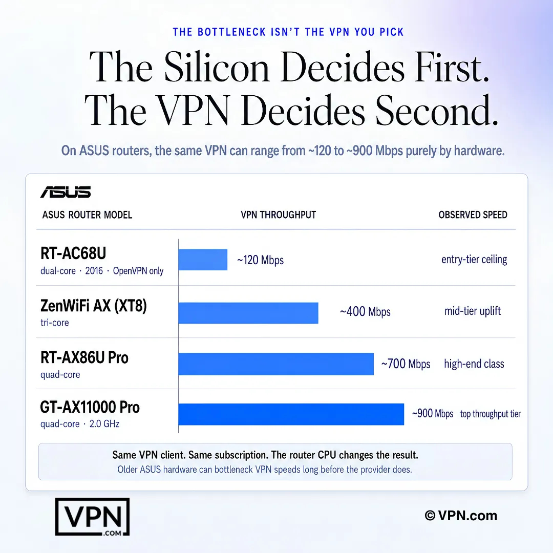 แผนภูมิเราเตอร์ ASUS แสดงอัตราการรับส่งข้อมูล VPN ที่เพิ่มขึ้นตามความแรงของฮาร์ดแวร์เราเตอร์