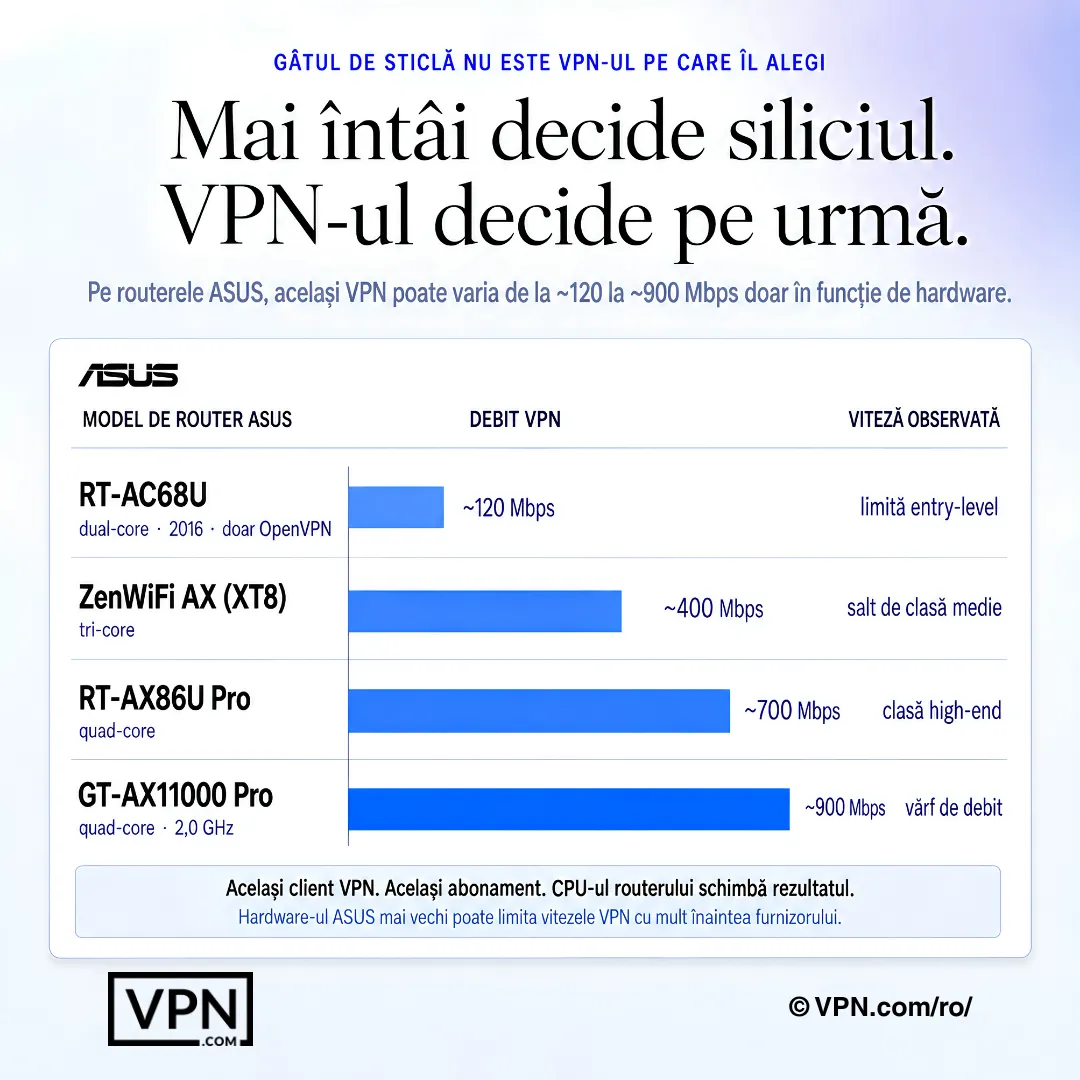 Grafic router ASUS care arată creșterea debitului VPN odată cu hardware mai puternic.