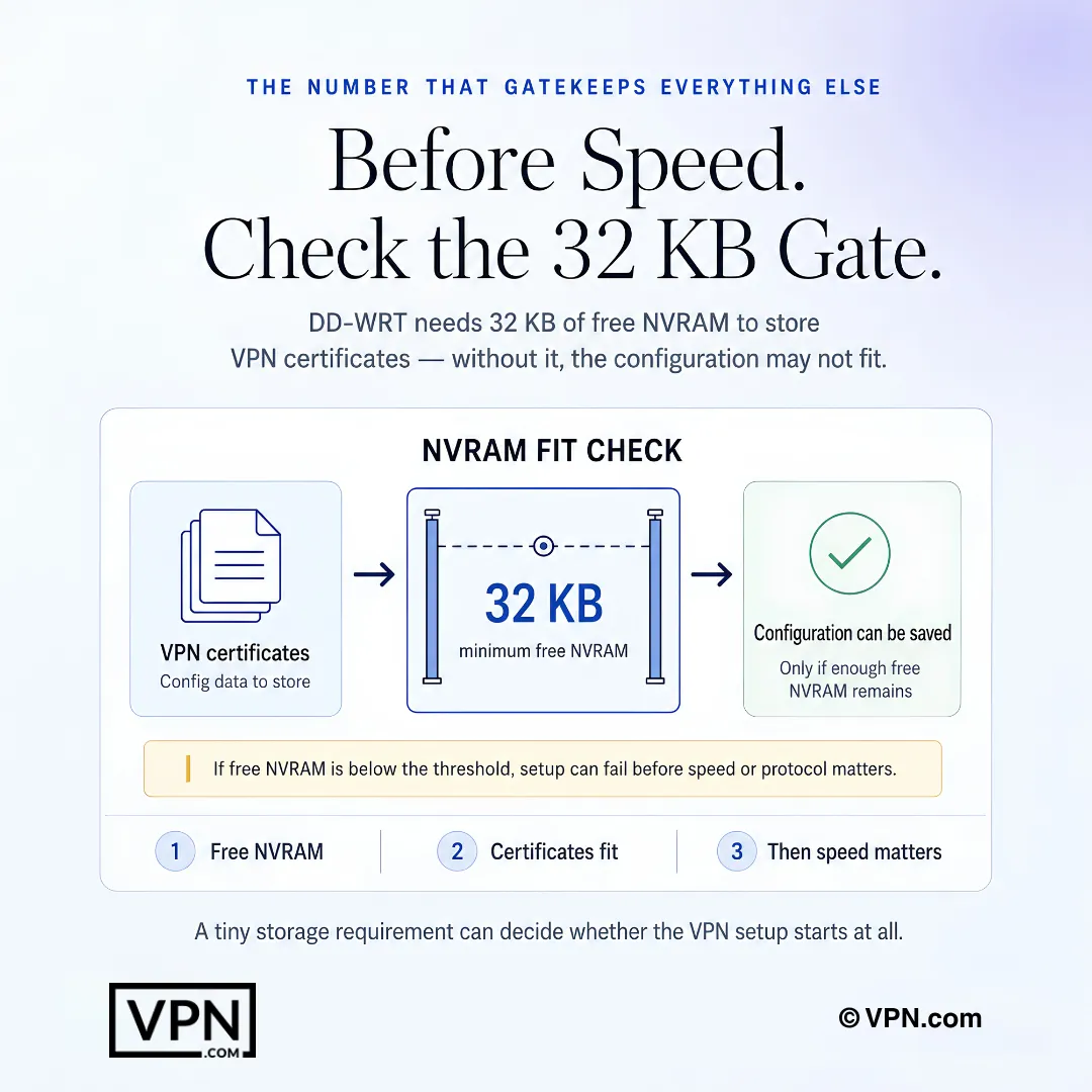 แผนภาพการตั้งค่า VPN บน DD-WRT แสดงเกณฑ์ NVRAM ว่างขนาด 32 KB สำหรับจัดเก็บใบรับรอง VPN