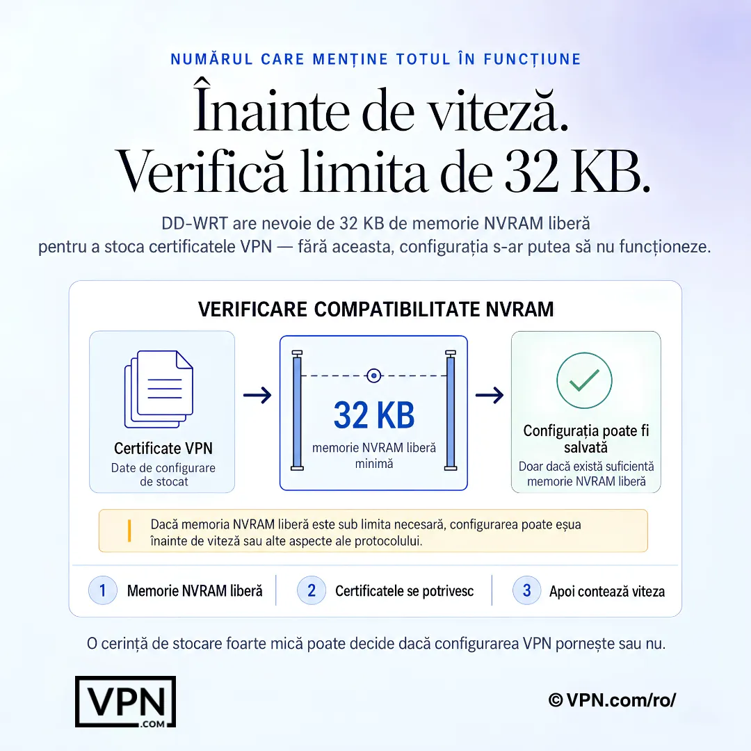 Diagramă de configurare DD-WRT VPN care arată o poartă NVRAM liberă de 32 KB pentru stocarea certificatelor VPN.
