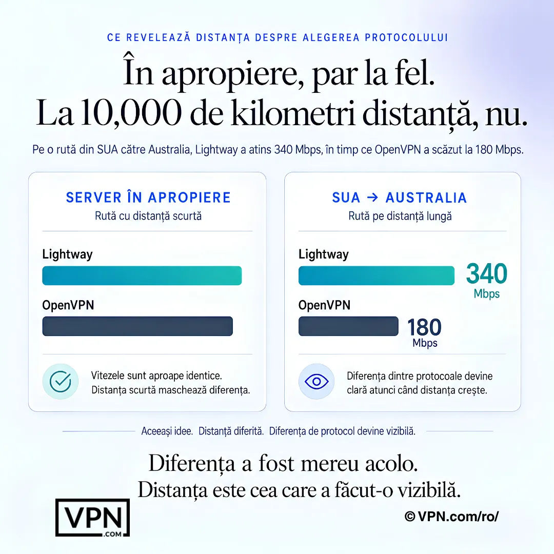 Comparație de viteză VPN care arată că Lightway și OpenVPN par similare pe distanțe scurte, dar se diferențiază pe ruta SUA-Australia.