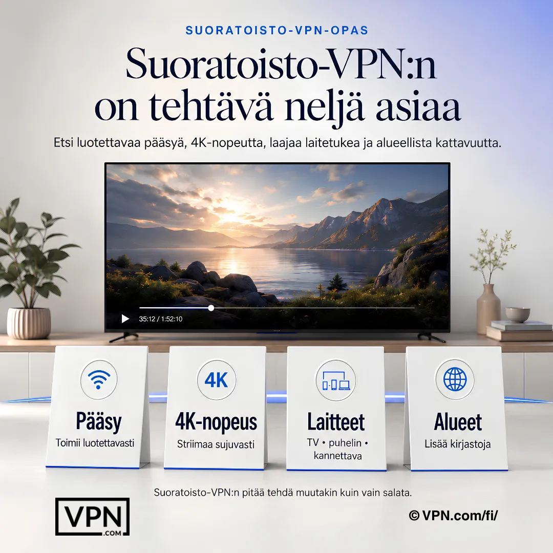 Neljä vaatimusta suoratoistoVPN:lle: luotettava pääsy, 4K-nopeus, laaja laitetuki ja alueellinen kattavuus.