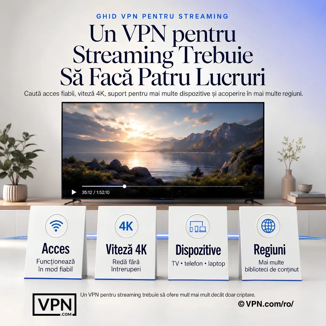 Patru cerințe pentru un VPN de streaming: acces fiabil, viteză 4K, suport larg pentru dispozitive și acoperire regională.