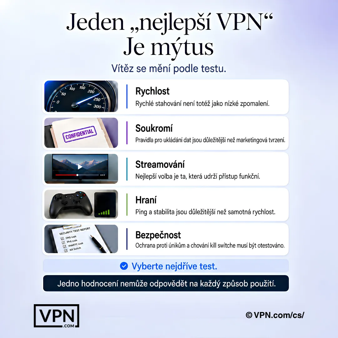 Jeden nejlepší VPN je mýtus – rychlost, soukromí, streamování, gaming a bezpečnost vyžadují různé testy.