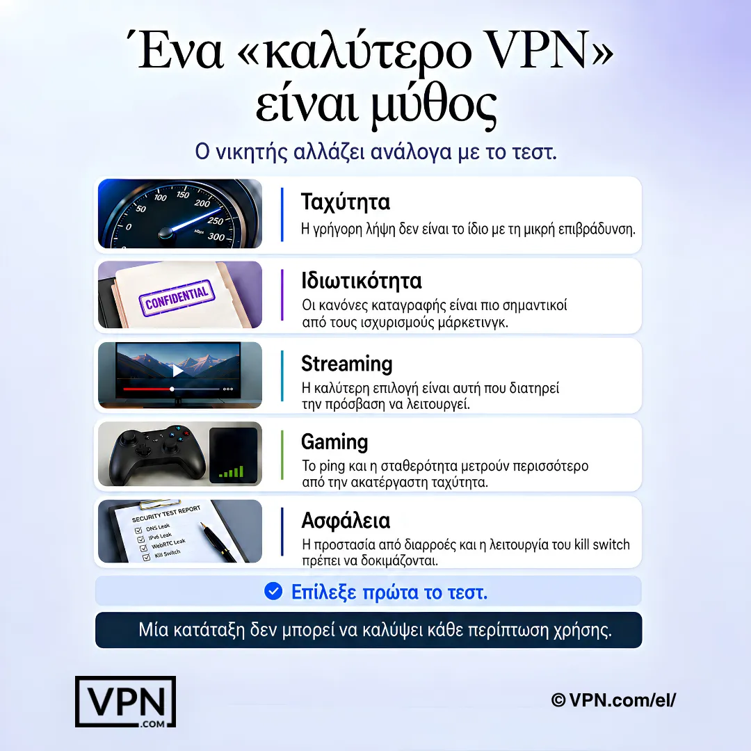 Το «καλύτερο VPN» είναι μύθος, καθώς η ταχύτητα, το απόρρητο, η ροή, το gaming και η ασφάλεια απαιτούν διαφορετικές δοκιμές.