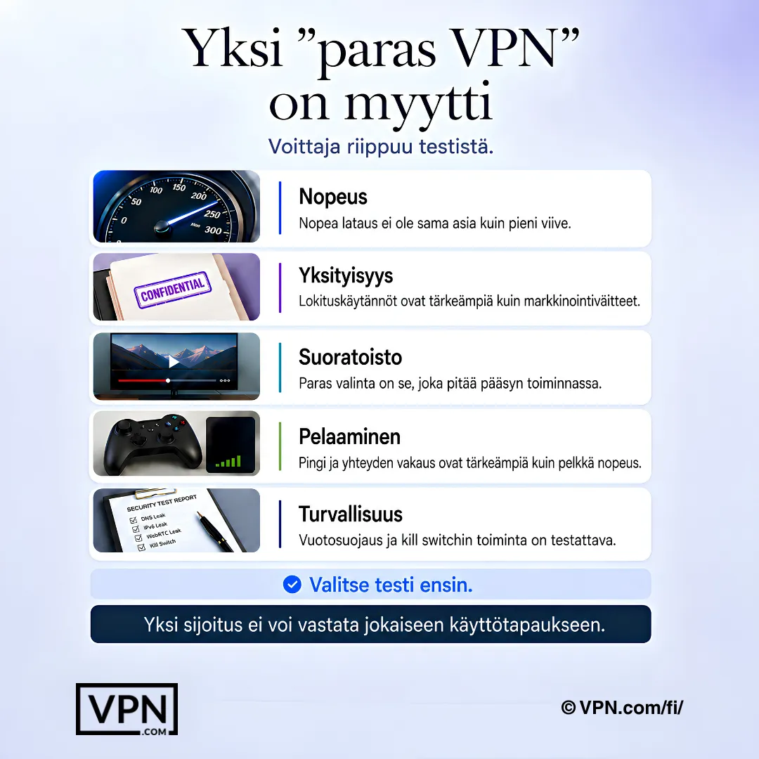 Yksi paras VPN on myytti, koska nopeus, yksityisyys, suoratoisto, pelaaminen ja tietoturva vaativat erilaisia testejä.