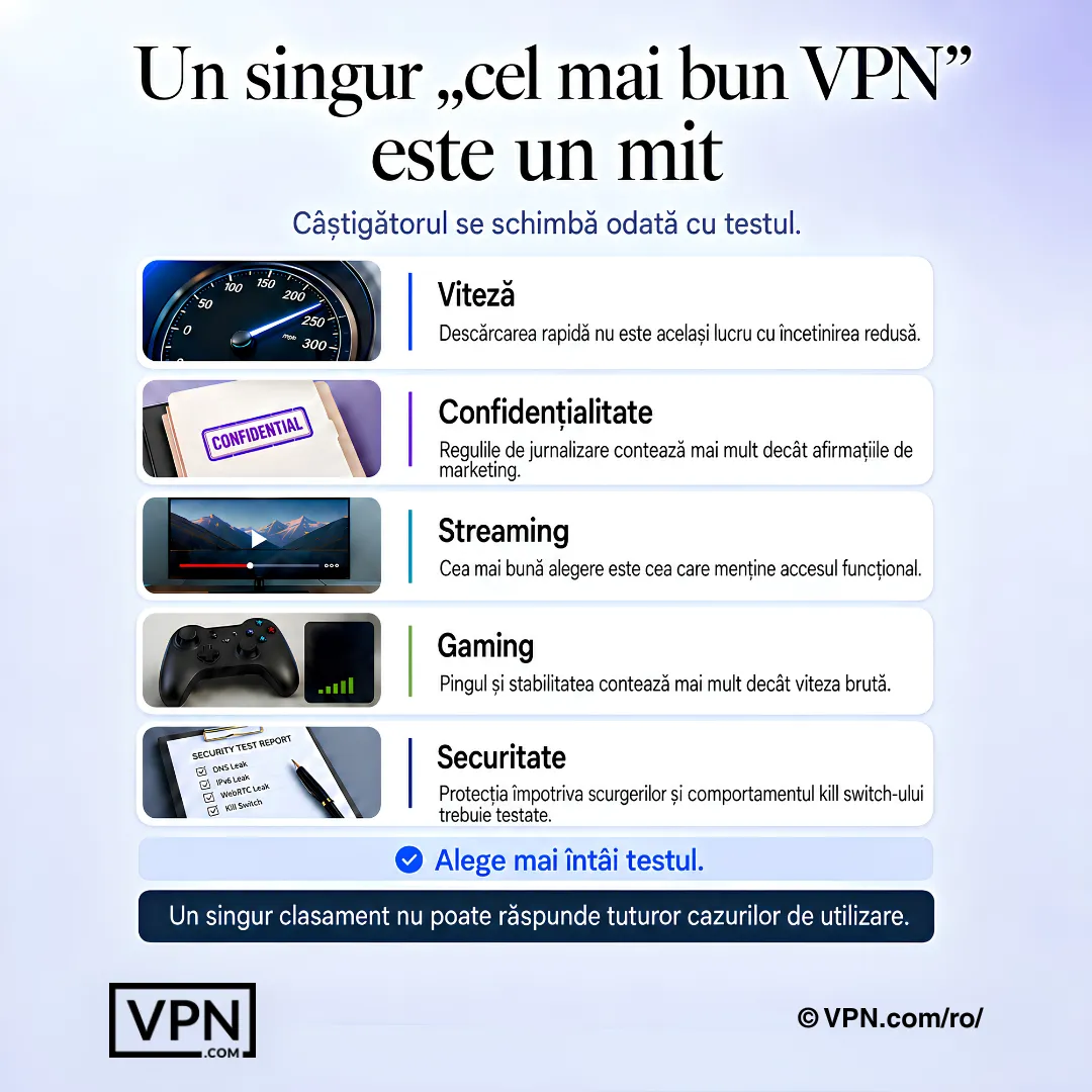Un singur VPN de top este un mit, deoarece viteza, confidențialitatea, streamingul, jocurile și securitatea necesită teste diferite.
