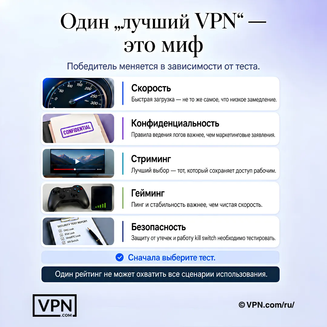 Лучший VPN — миф, поскольку скорость, конфиденциальность, стриминг, игры и безопасность требуют разных тестов.