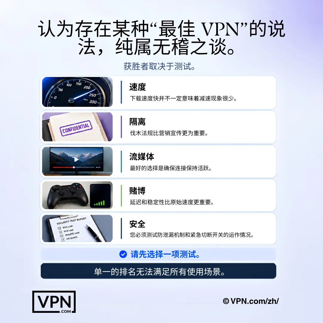 最佳VPN并不唯一,因为速度、隐私、流媒体、游戏和安全各有不同的测试标准。