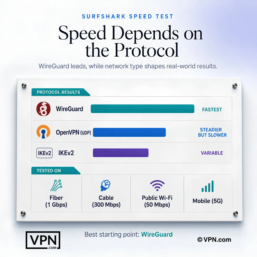 การทดสอบความเร็ว Surfshark เปรียบเทียบปริมาณงาน เวลาแฝง และความเสถียรของ WireGuard, IKEv2 และ OpenVPN UDP