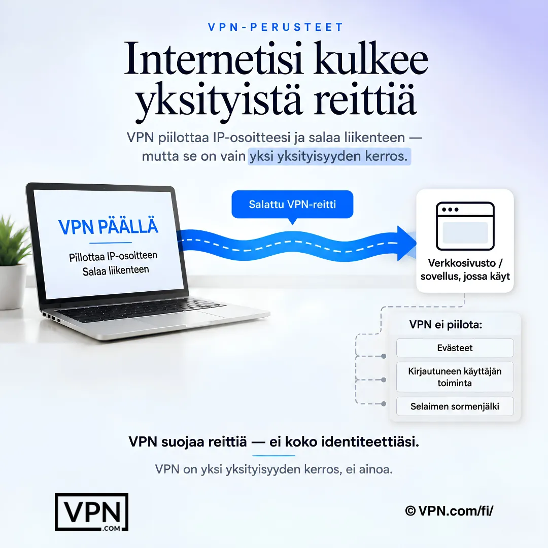 VPN luo yksityisen reitin, mutta ei poista evästeitä, kirjautumistoimintaa tai sormenjälkitunnistusta.