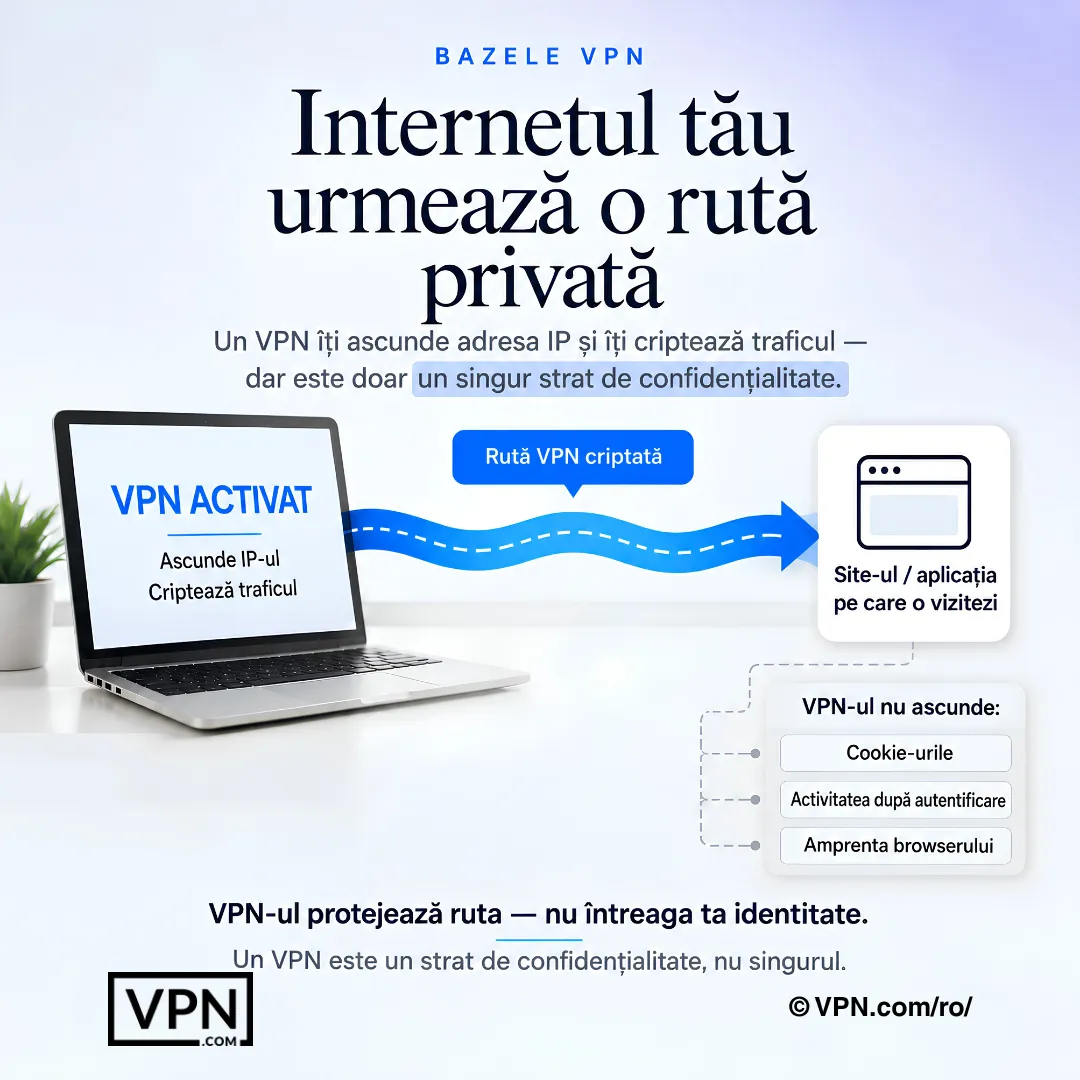 Un VPN creează o rută privată, dar nu elimină cookie-urile, activitatea din conturile autentificate sau amprentarea digitală.