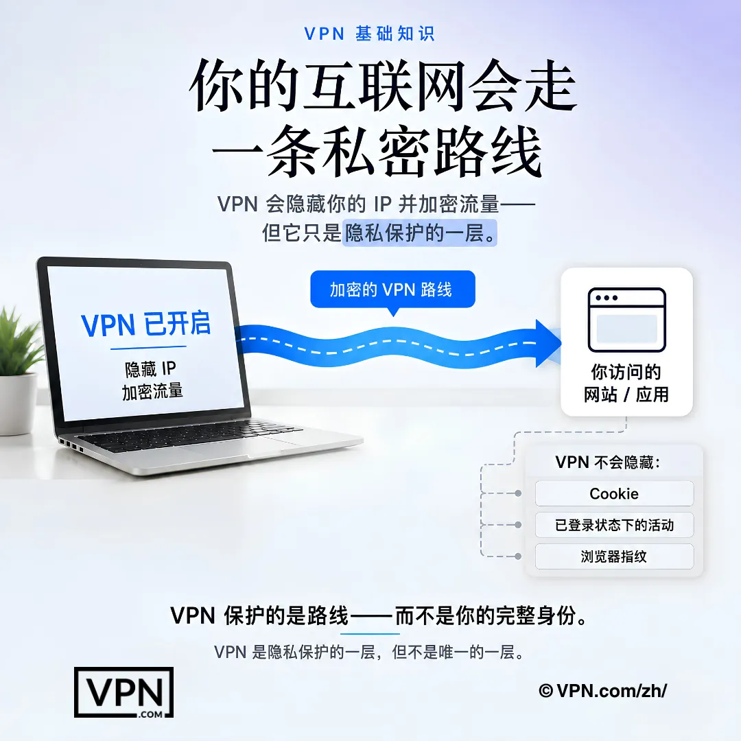 VPN创建私密通道，但不会删除Cookie、已登录账户的活动记录或设备指纹信息。